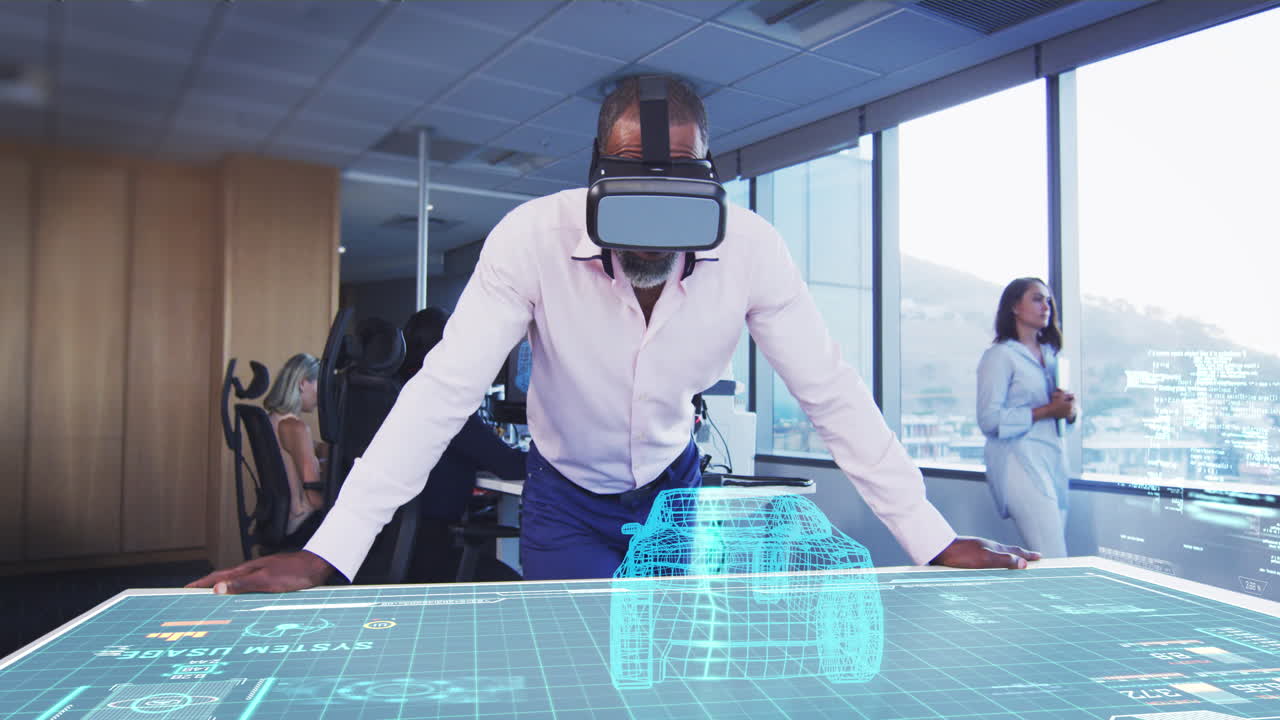 Animation of a business man using a VR headset in a modern office