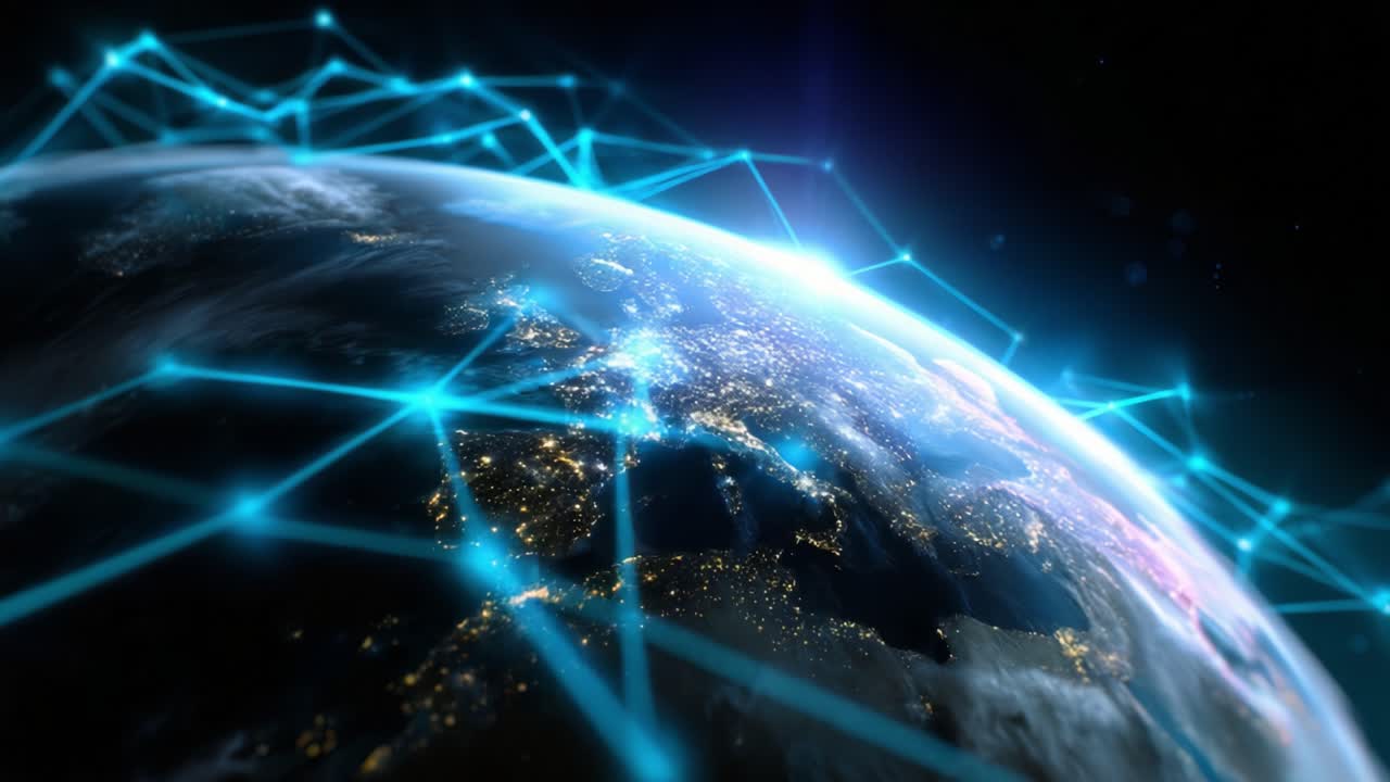 Illuminated Earth Network: A Stunning Visualization of Global Connections and Communication through Advanced Technology Over the Dark Cosmos with Interconnected Blue Light Patterns