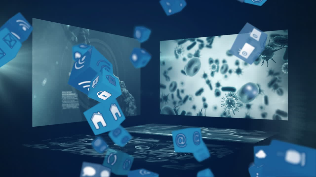 실험실에서 과학 연구 화면 위에 파란색 소셜 미디어 아이콘을 애니메이션화합니다.