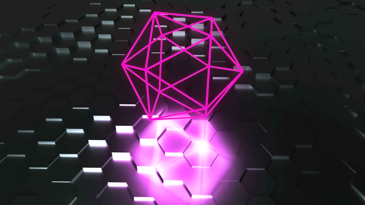 el símbolo del átomo de neón está en la superficie con reflexión, fondo de renderización 3d futurista, forma geométrica de icosaedro