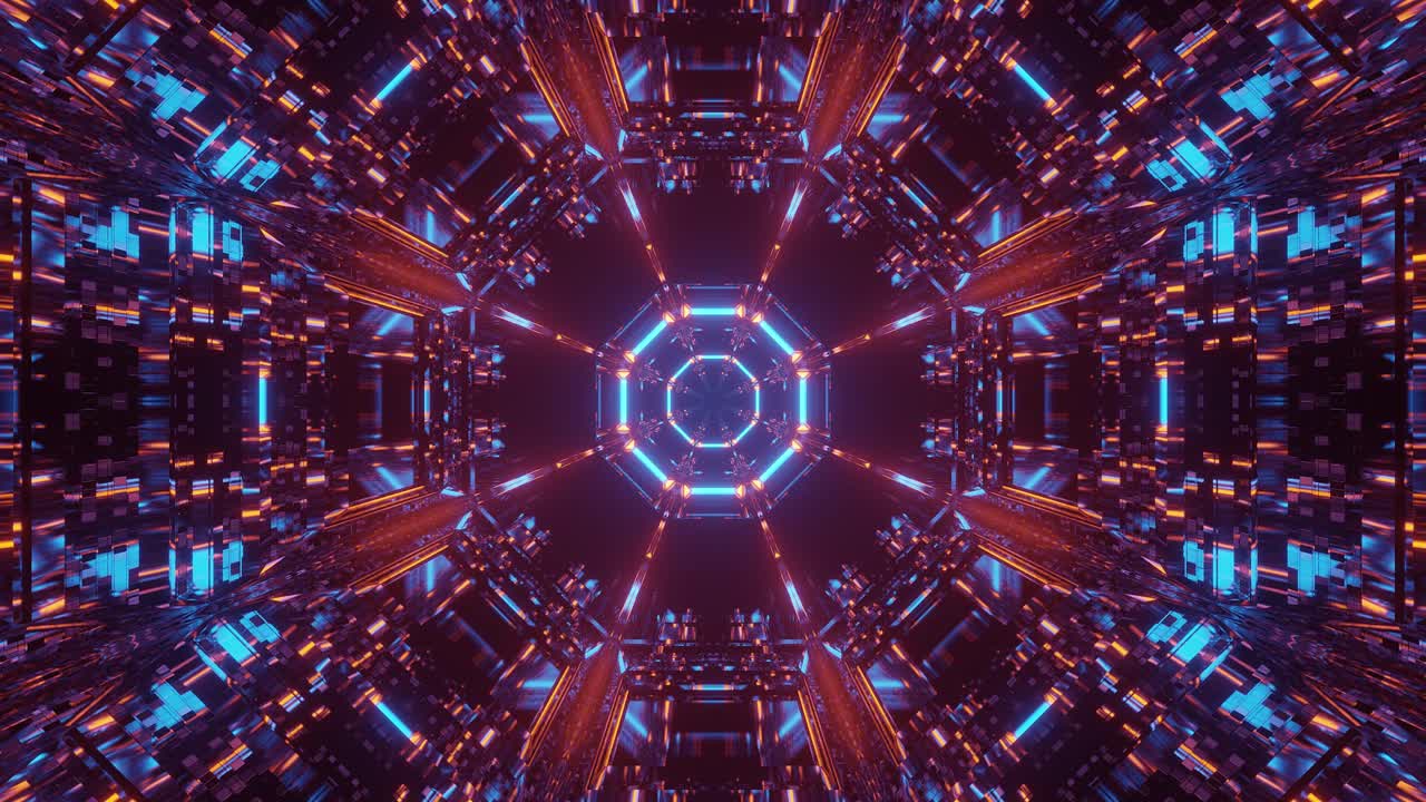 vuelo a través de un entorno de efecto calidoscopio 3d futurista con círculos y patrones de luz de neón brillante