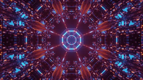 vuelo a través de un entorno de efecto calidoscopio 3d futurista con círculos y patrones de luz de neón brillante