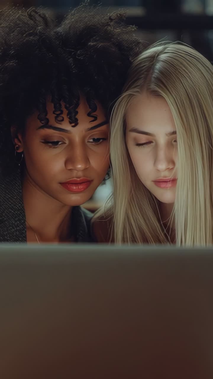 Vertical video: Two women reviewing document following trackpad click in office, with silver laptop