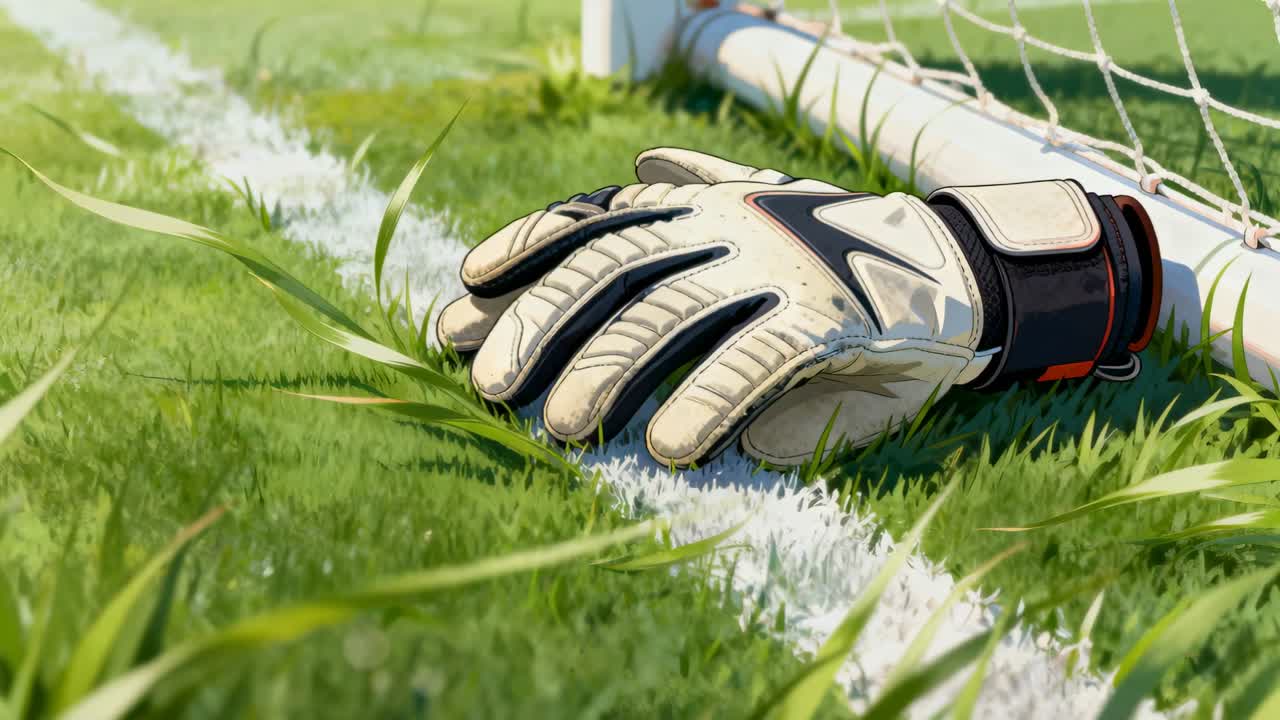 Câmera em movimento capturando luva de goleiro na linha pintada com trave e rede, mostrando mudança de foco.