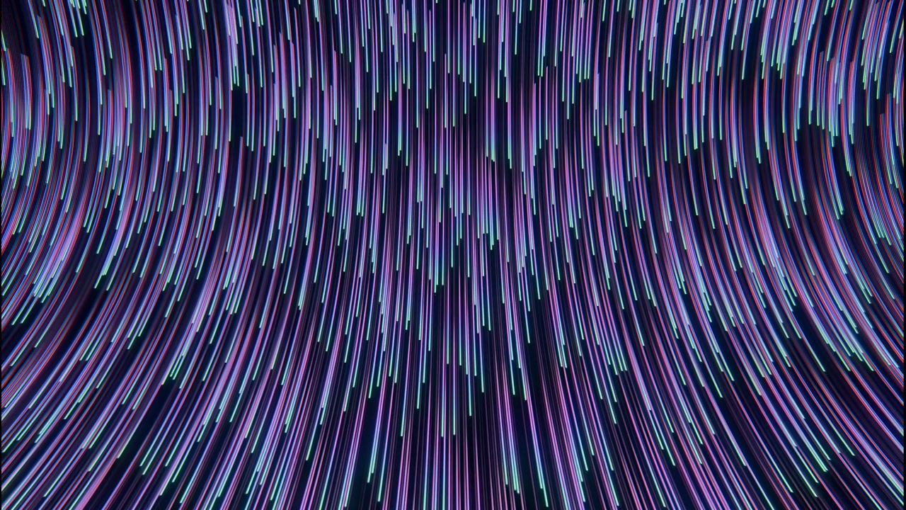 Fitte bande curve di luce al neon si accorciano e si sfalsano in punte rettangolari luminose nella zona superiore, mentre linee luminose più lunghe continuano sotto, creando movimento stratificato, profondità, ritmo e vivacità.