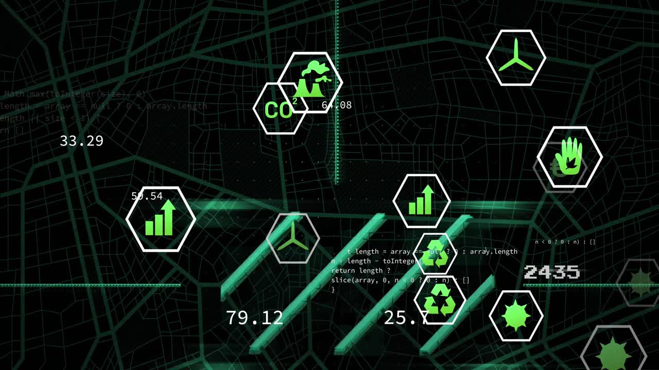검은색 배경에 있는 데이터 처리 및 생태 아이콘의 애니메이션