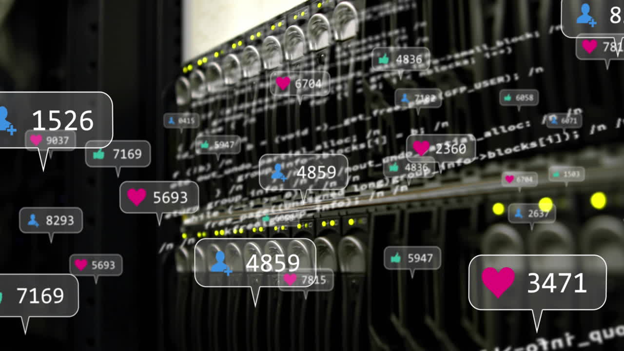 animación de iconos de redes sociales y procesamiento de datos a través de un servidor informático