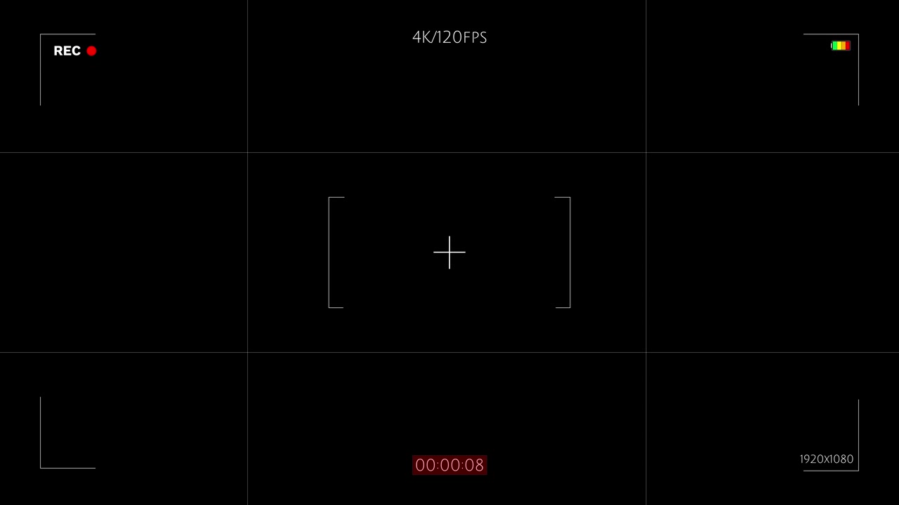 白いフォーカスマーカー、グリッドガイド、タイマー表示、バッテリーアイコンを備えた黒いカメラHUD録画画面。