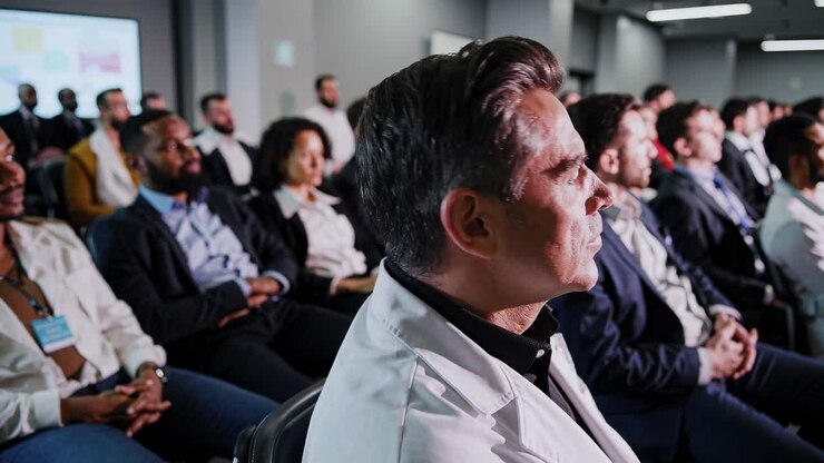 Una ripresa grandangolare cattura un seminario aziendale con i partecipanti concentrati su una presentazione