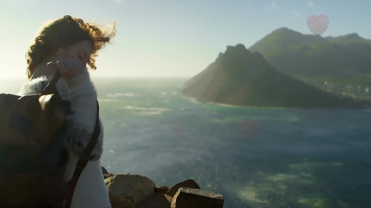 animación de los iconos del corazón de las redes sociales sobre la mujer en la orilla del mar