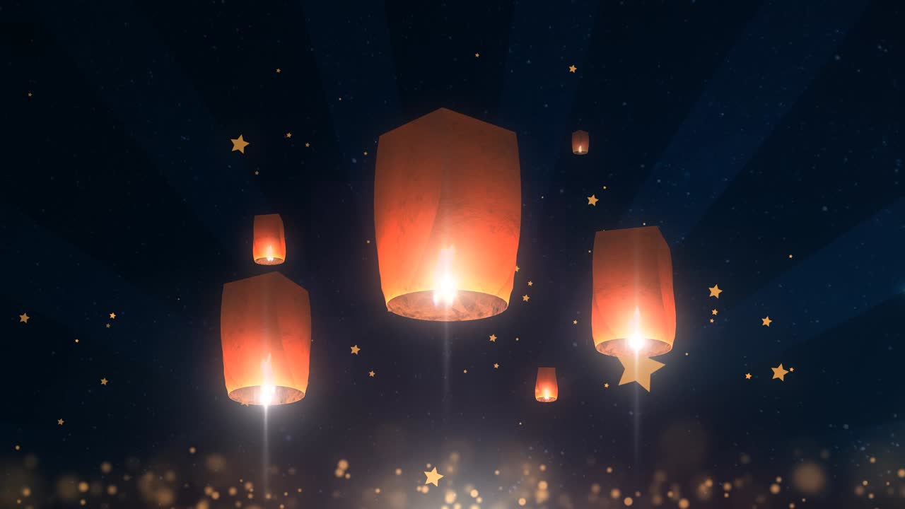 Lampion Langit Bercahaya Terbang Naik ke Malam Gelap Bertabur Bintang