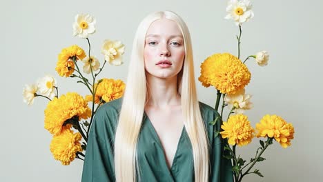 blonde woman in green dress with flowers