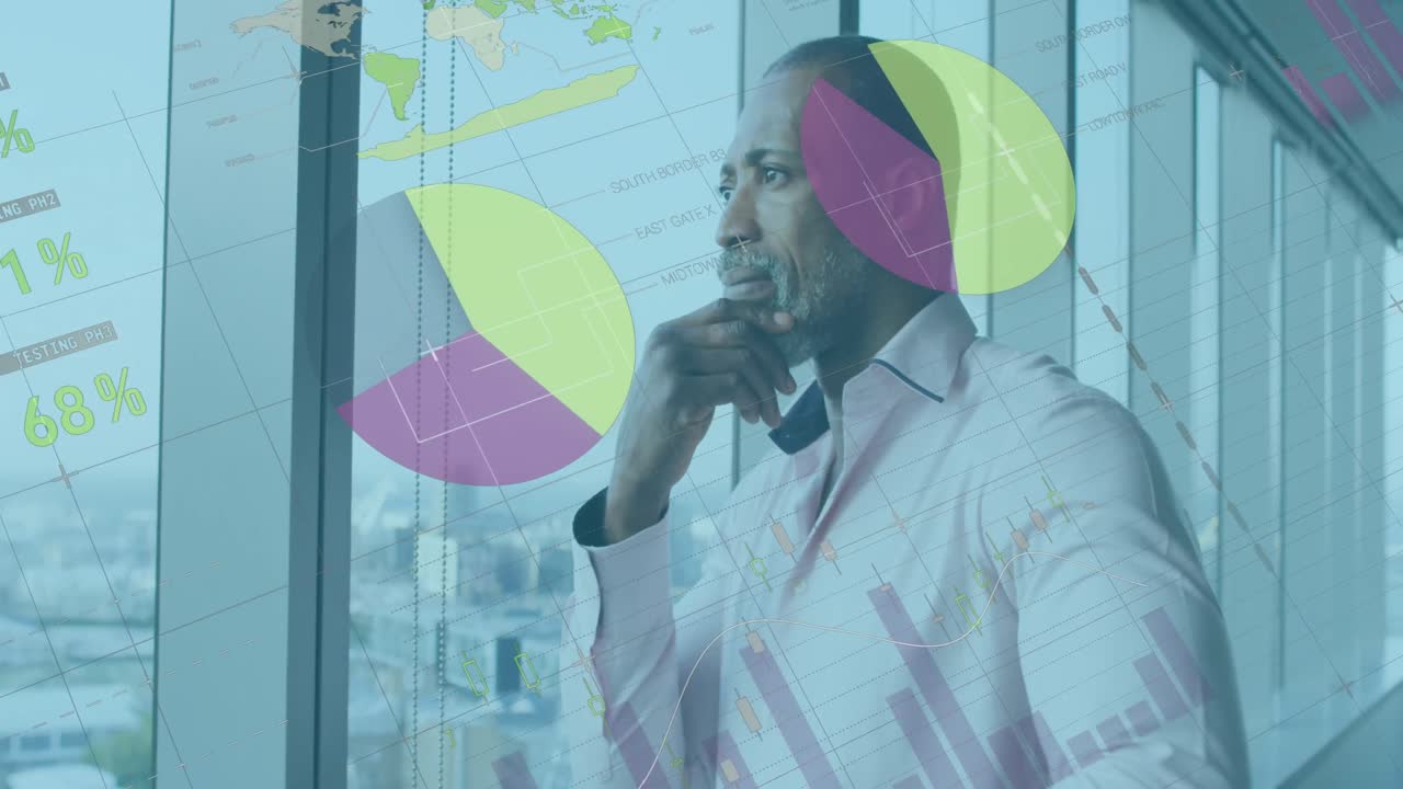 Animation of data processing over african american businessman thinking