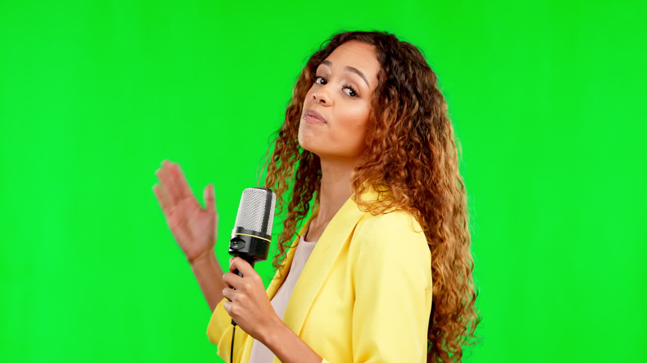 Green screen, microphone and woman face isolated