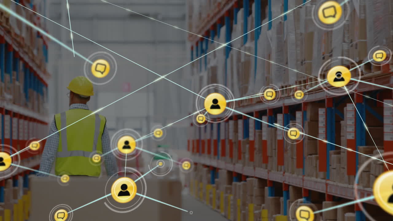 анимация сети соединений с иконами над человеком, работающим на складе