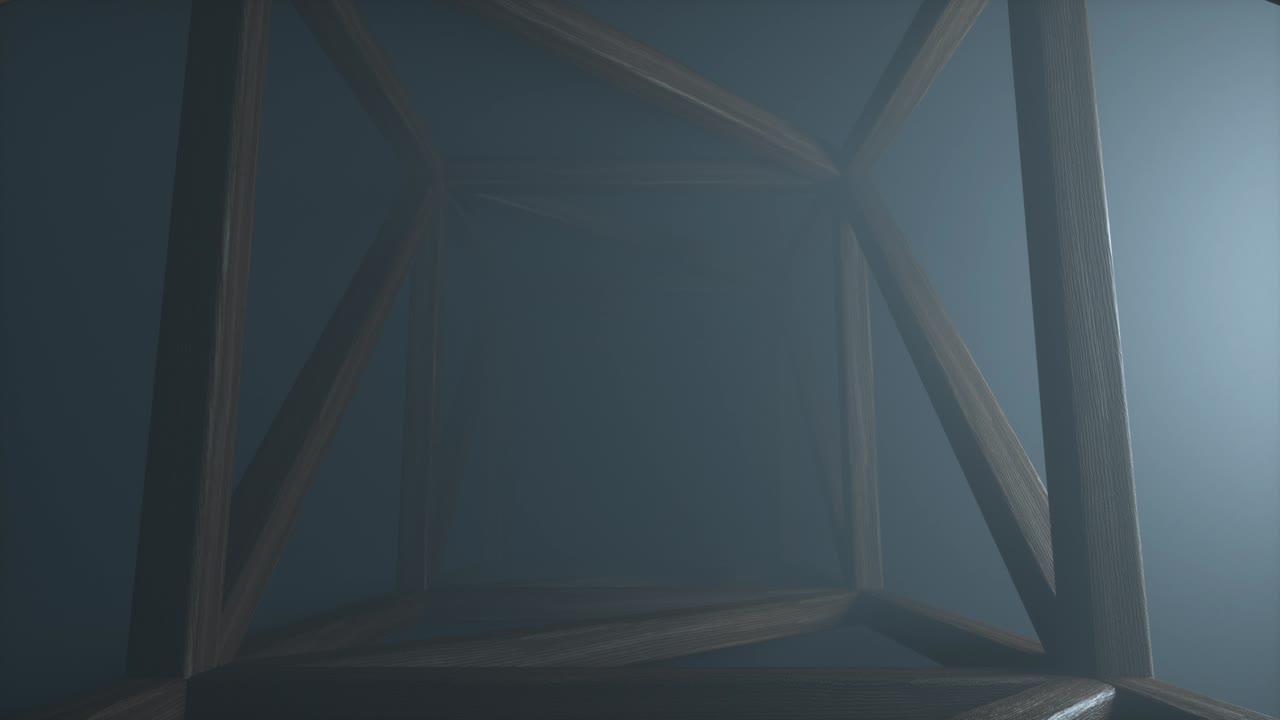 túnel de madera cuadrado sin fin con una brillante luz azul volumétrica brillante. fondo de ciencia ficción abstracto. pasillo. destellos en la niebla. construcción de tablas de madera. avanzando. animación 3d en 4k