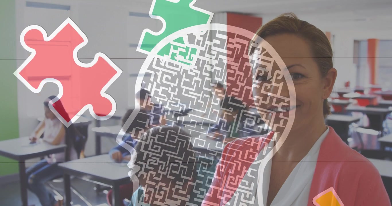 Professor(a) Auxiliando Estudante na Sala de Aula com Gráficos Educacionais