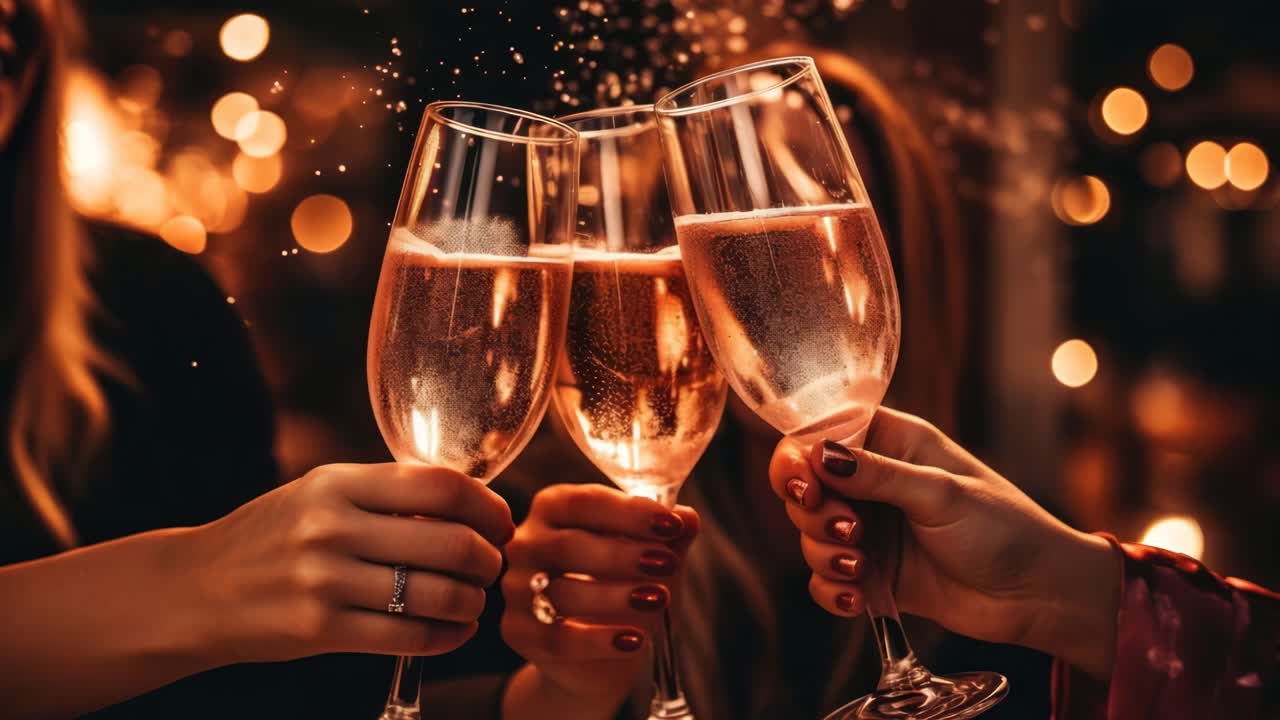 Close-up video still of three champagne glasses clinking in celebration, captured at eye level