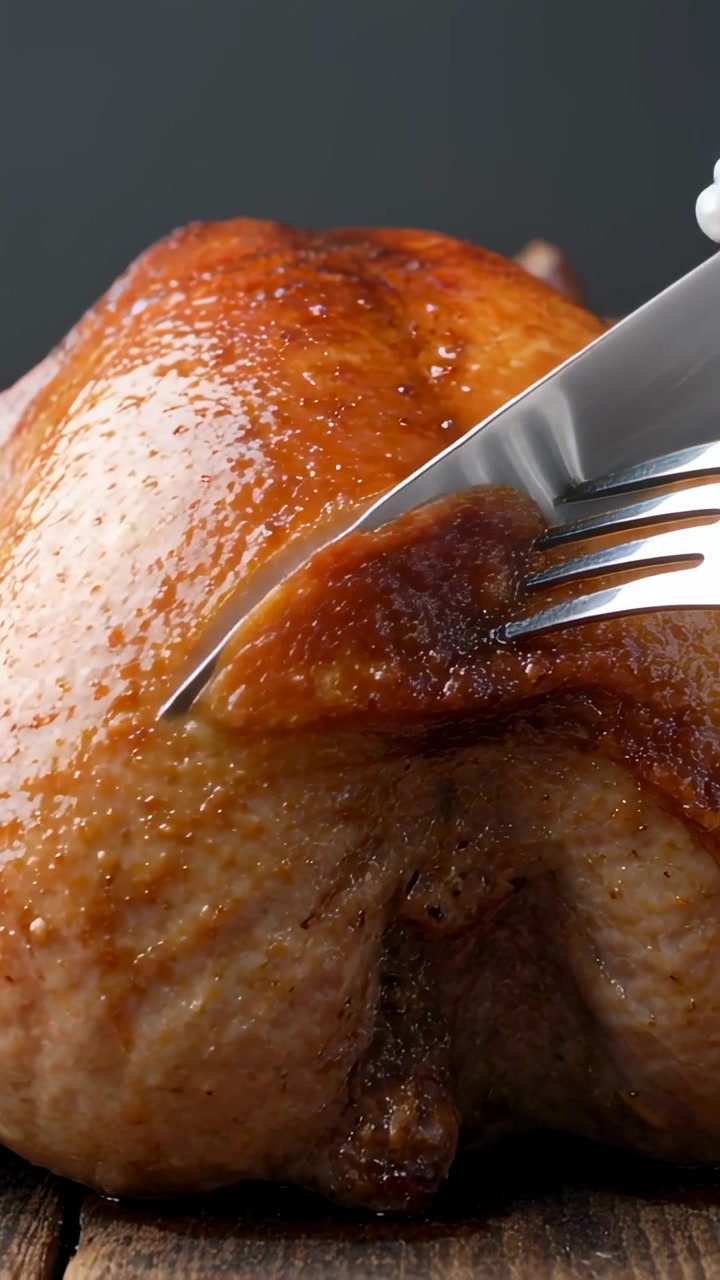 Video verticale: Mano guantata di bianco che entra e intaglia per servire pollo arrosto su tagliere con coltello e forchetta.