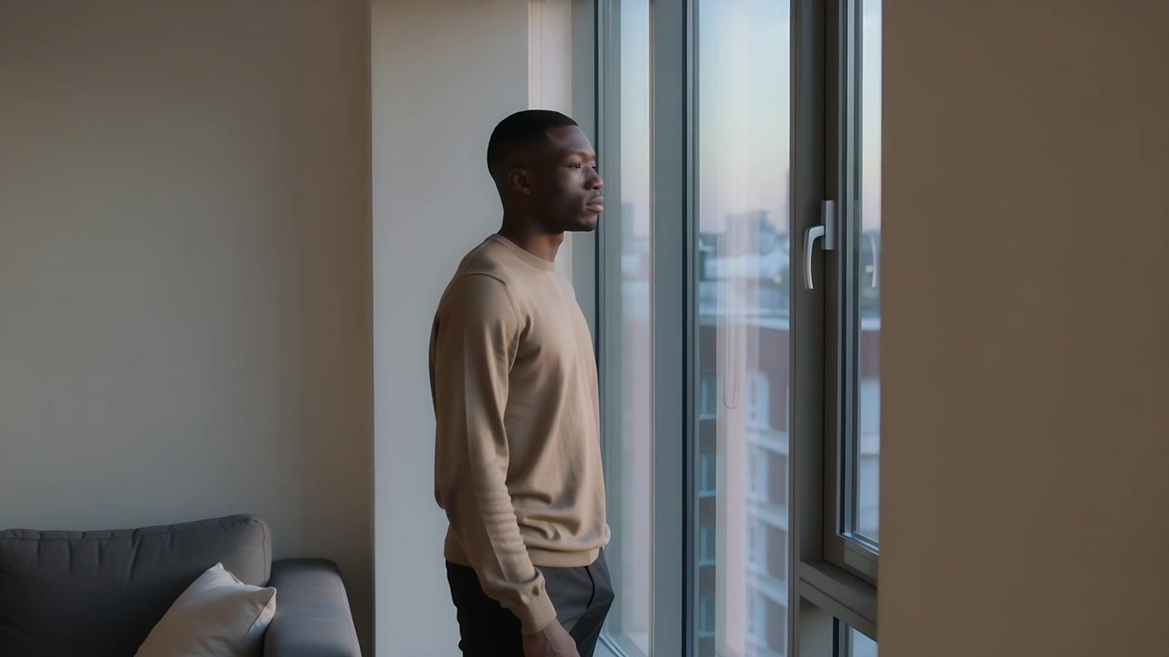 Shifting man in beige sweater closer to home window, prompted by city view, pocketing right hand