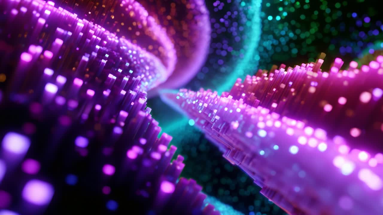 A mesmerizing visual journey through a vibrant digital landscape, featuring undulating waves of shimmering particles and glowing structures that create a captivating representation of colorful connectivity and flow