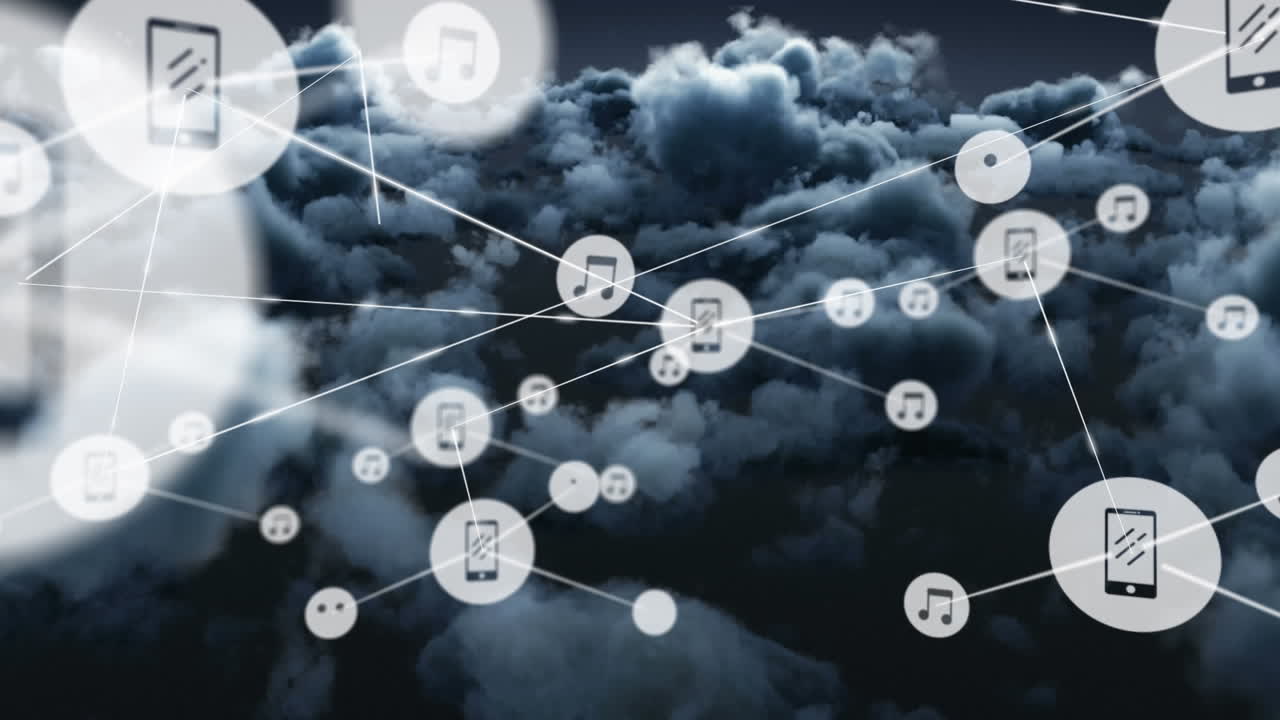 red de iconos digitales contra nubes oscuras en el cielo