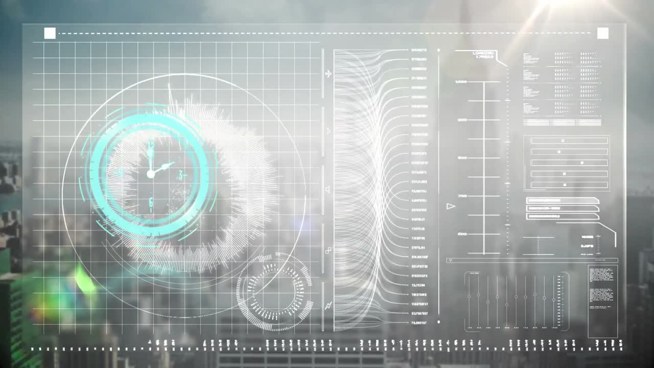 도시 풍경에 대한 데이터 처리와 디지털 인터페이스를 통해 네온 티킹 시계의 애니메이션