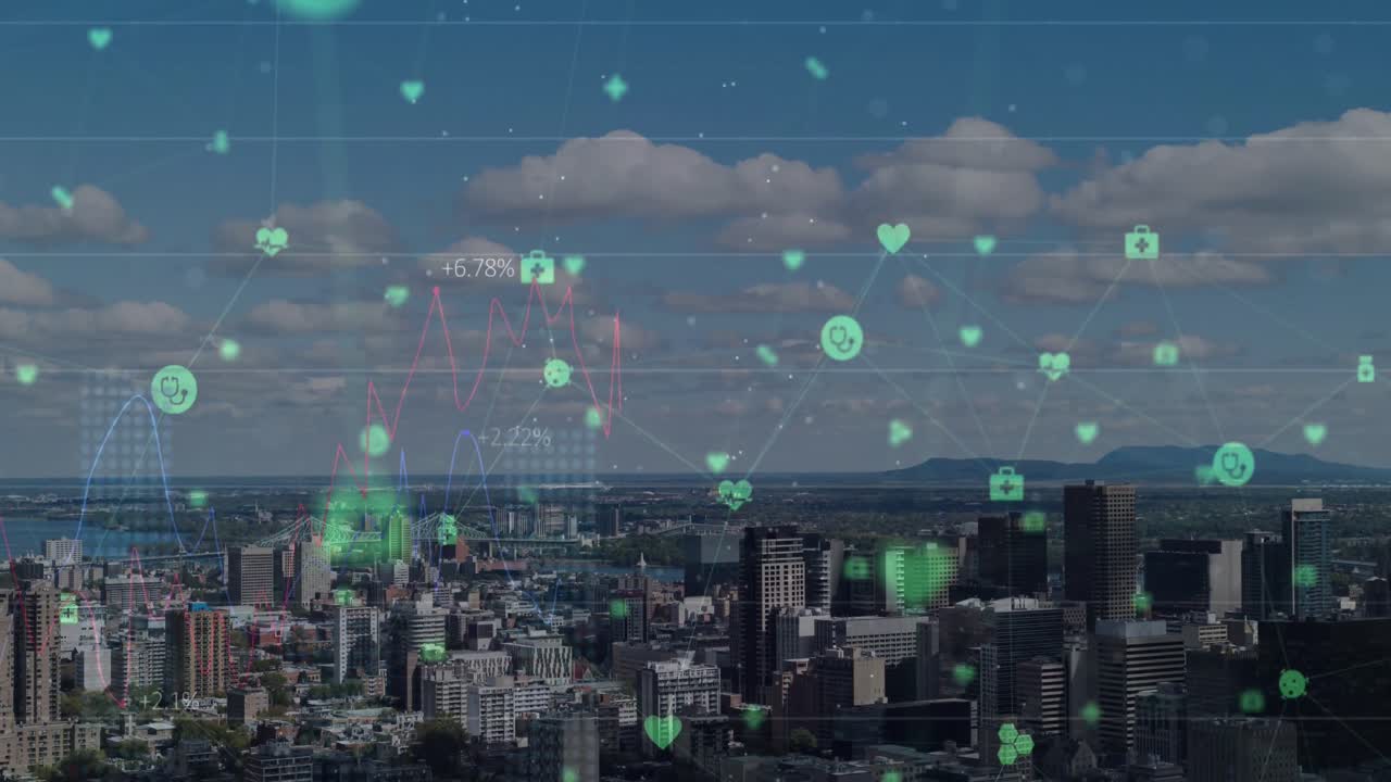 Animation of network of connections over cityscape