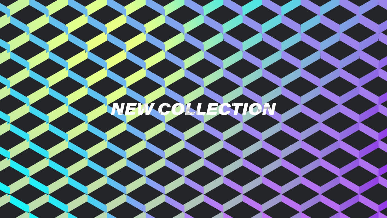 Animation of new collection text over glowing and colorful geometrical shapes