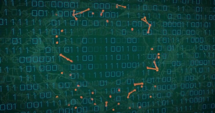 Orange dots scattering sparking nodes circling linking into ring on teal binary grid, showing data