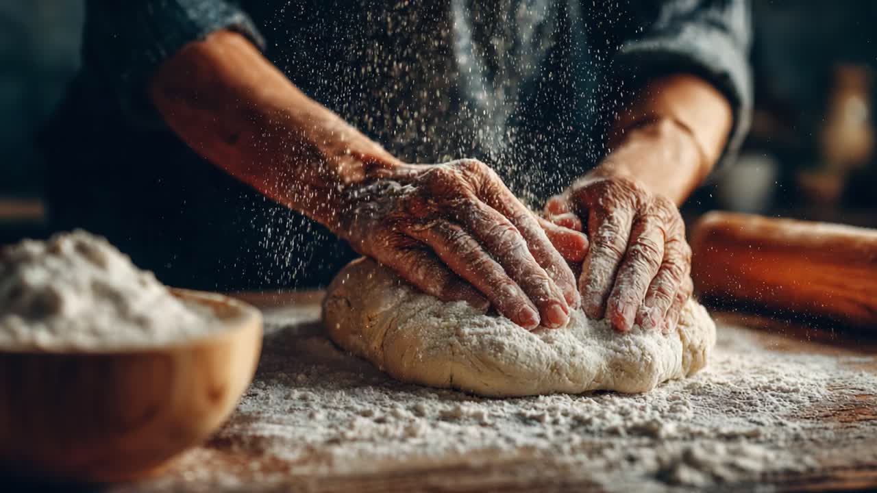 The Art of Dough Preparation: Capturing the Moment of Kneading Fresh Dough with Flour Dust Filling the Air and Hands Engaged in the Craft of Bread Making