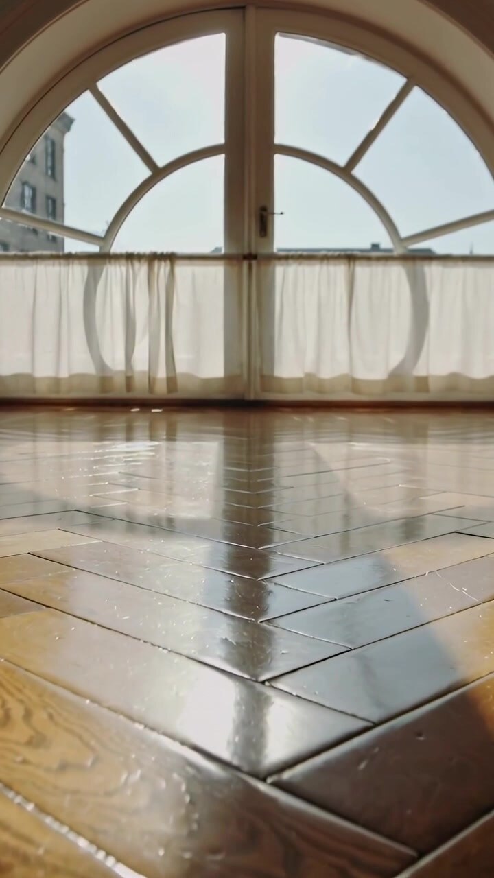 Video verticale: Telecamera che si inclina, mostrando i riflessi di una tenda a mezza finestra di una finestra ad arco sul pavimento in parquet di casa.