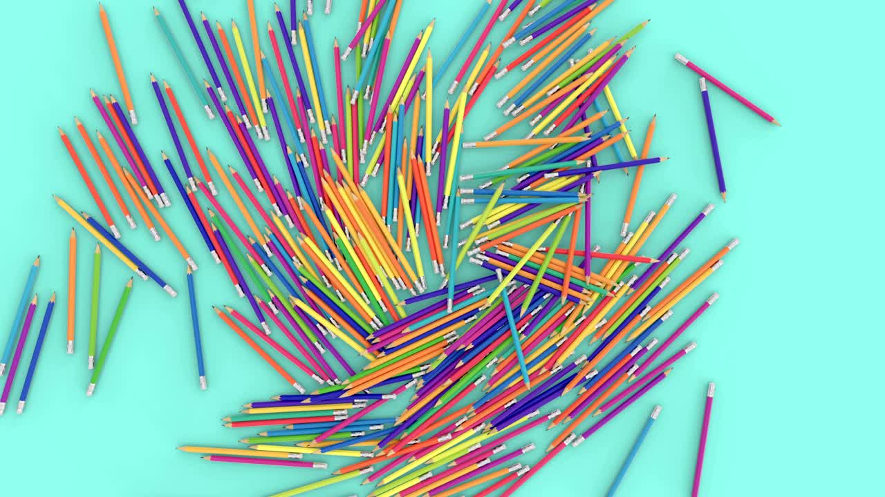 많은 다채로운 연필이 서서 떨어집니다.