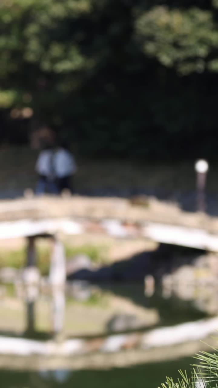 조용 한 정원 에서 다리 를 가로질러 고 있는 사람 들