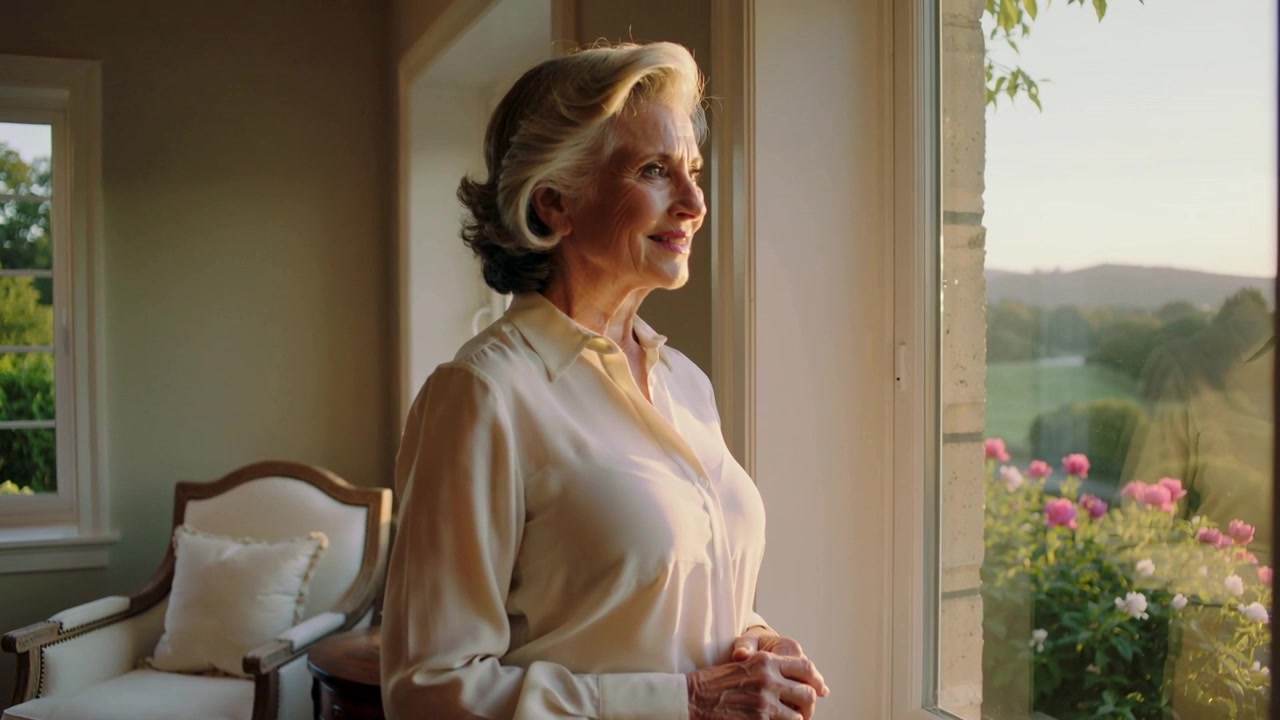 Shifting senior woman turning to window, smiling as golden light bathing face at home, cream blouse