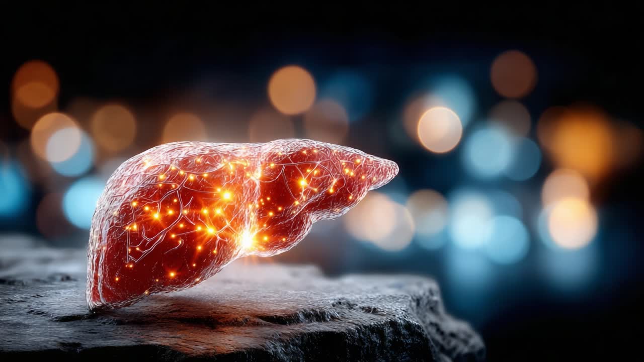 A Stunning Visualization of a Liver with Illuminated Networks Depicting Intricate Connections and Biological Functions in a Dark Background Setting