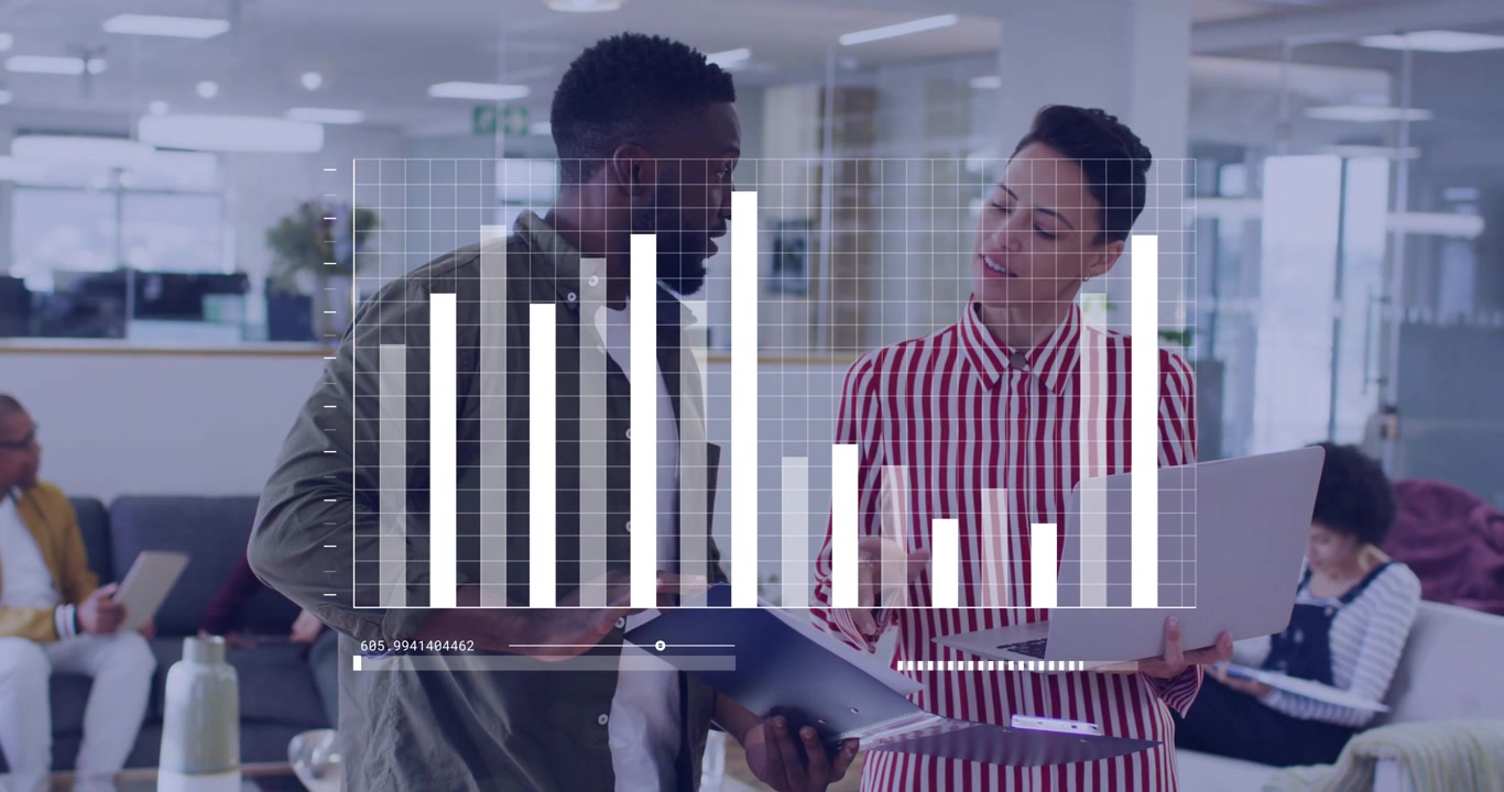 Two coworkers in open office, chart HUD animating, slider moving, spurring business data discussion