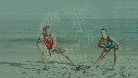 stretching exercises on beach with digital globe and data animation