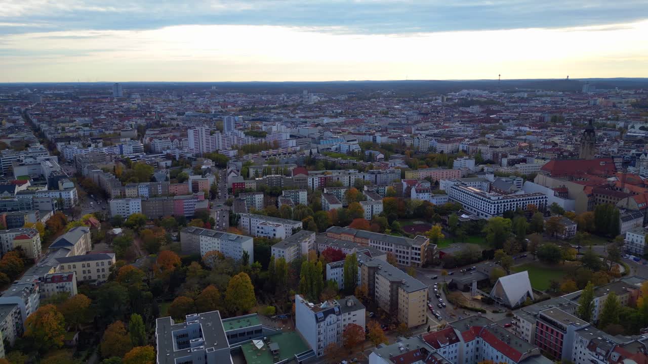 Urban skyline of car dealer in Charlottenburg, city on the Spree in Berlin showcasing a vibrant city and river at dawn. Fabulous aerial view flight panorama overview drone