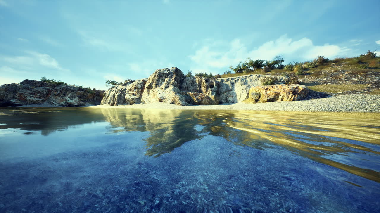 Placide pozze d'acqua accanto a ripide pareti rocciose e formazioni rocciose stratificate.
