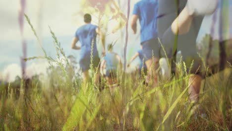 animation of group of caucasian male and female runners over grass