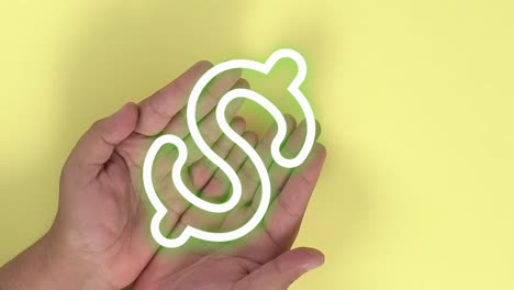 Hands-of-a-person-opening-themselves-and-animation-of-a-green-dollar-symbol-appearing-on-them