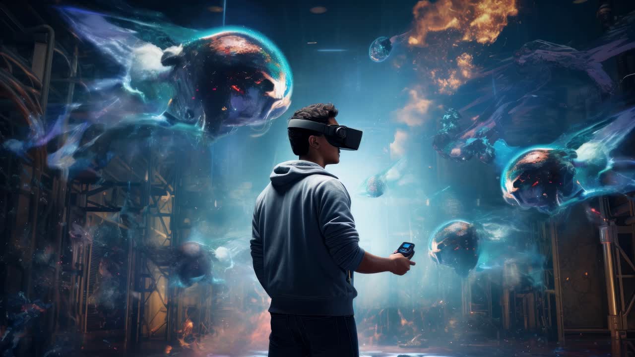 A person immersed in a virtual reality space with floating cosmic elements, creating a futuristic