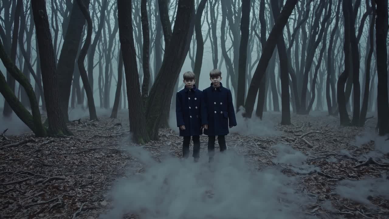 Twin Boys in a Foggy Forest