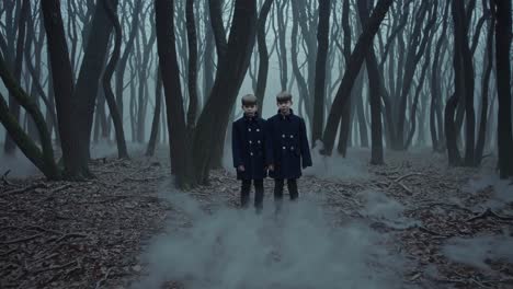twin boys in a foggy forest