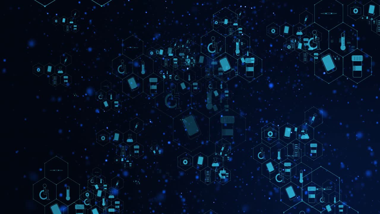 Animation of medical icons and data processing on black background