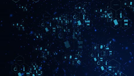 animación de iconos médicos y procesamiento de datos sobre fondo negro