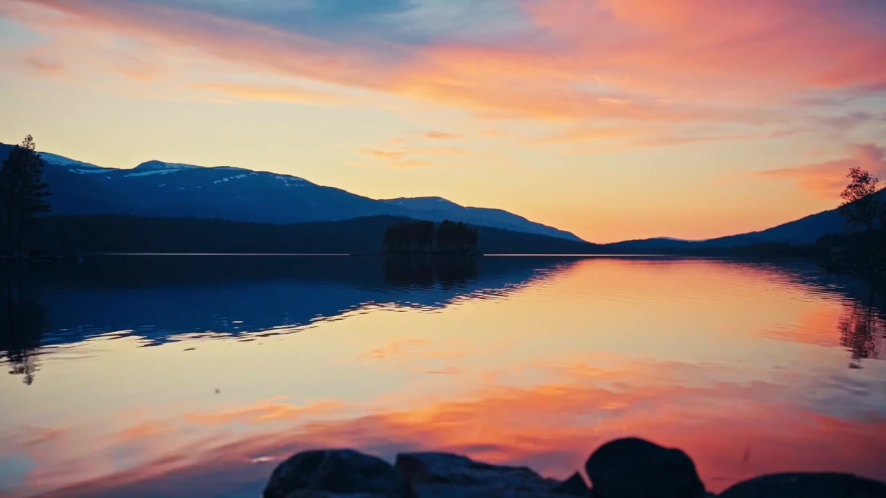 The Calm Waters of Svenningsvatnet Reflect the Soft Colors of the Evening Sky, Framed by the Peaceful Mountain Landscape of Grane, Nordland, Norway - Timelapse