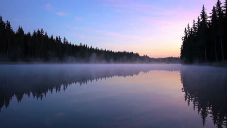 misty sunrise over a lake and forest