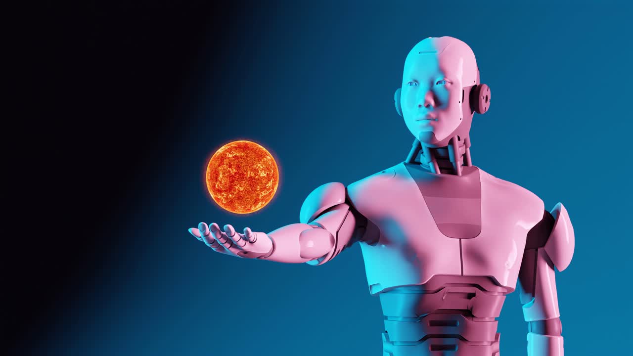 robot humanoide cibernético inteligencia artificial sostener en su mano la esfera del globo solar